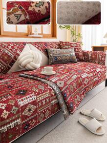 1pc Bohemian Style Geometric Embroidery Sofa Cover, Modern Couch Protector Against Cat Scratching, Suitable For Bedroom, Office, Living Room, All Seasons - Red - View 2
