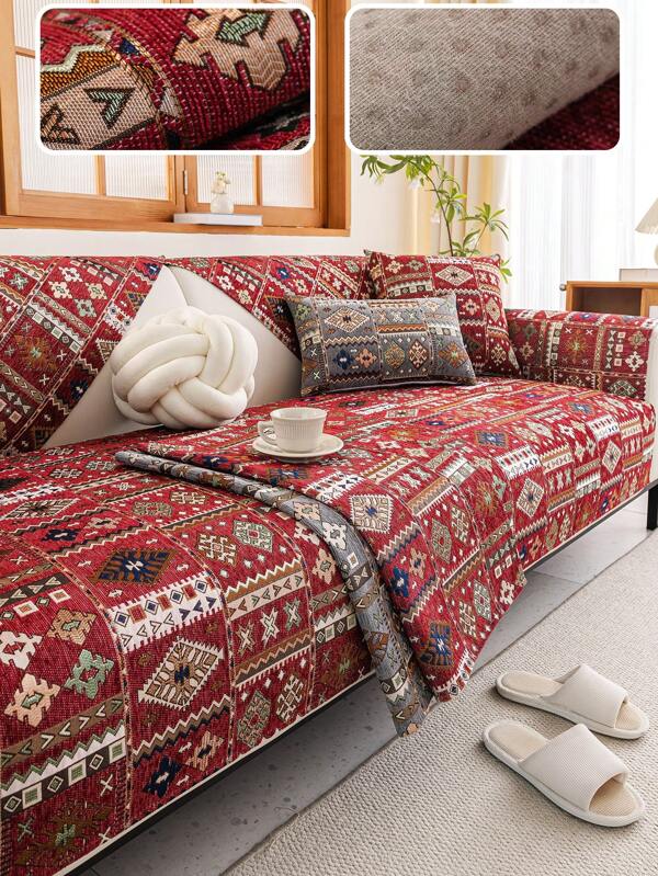 1pc Bohemian Style Geometric Embroidery Sofa Cover, Modern Couch Protector Against Cat Scratching, Suitable For Bedroom, Office, Living Room, All Seasons