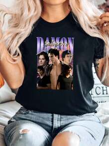 100% Cotton Damon Salvatore T Shirt Merch Diares Ian Somerhalder Stylish Casual Designer Clothes For Women Comfortable Stretched Homme Summer Top For Everyday Wear Fashion Unisex Versatile Streetwear Breathable Print Round Neck Short Sleeve Graphic Slightly Soft - Black - View 1