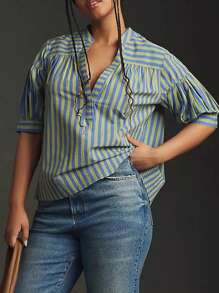 Womens Summer Pleated V Neck T Shirts Short Sleeve Casual Loose Blouses Striped Tunics Swing Top - 藍色 - 查看 3