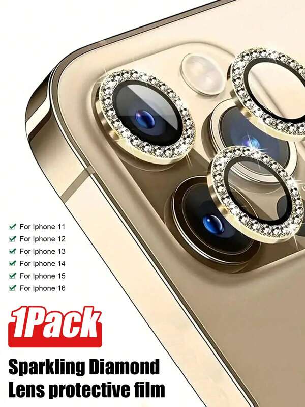 1 set gouden beschermfolie met strass-steentjes voor Apple-cameralenzen, gouden beschermkap voor lenzen met strass-steentjes, compatibel met iPhone 11/12/13/14/15/16-serie, cadeau voor verjaardagen, familie, vrienden, sprankelend kristal, lensbeschermer, telefoonaccessoires