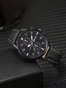 5PCS Men's Casual Fashion Round Quartz Watch With Black PU Braided Strap, Simple Business Style Quartz Watch + Bracelet Set, Suitable For Daily Wear, Birthday Gift, Gathering,Suitable For Daily Wear - Black - View 2