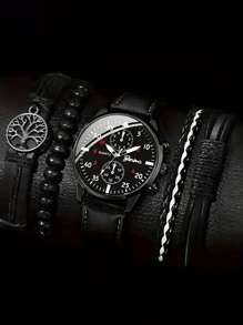 5PCS Men's Casual Fashion Round Quartz Watch With Black PU Braided Strap, Simple Business Style Quartz Watch + Bracelet Set, Suitable For Daily Wear, Birthday Gift, Gathering,Suitable For Daily Wear - Black - View 1