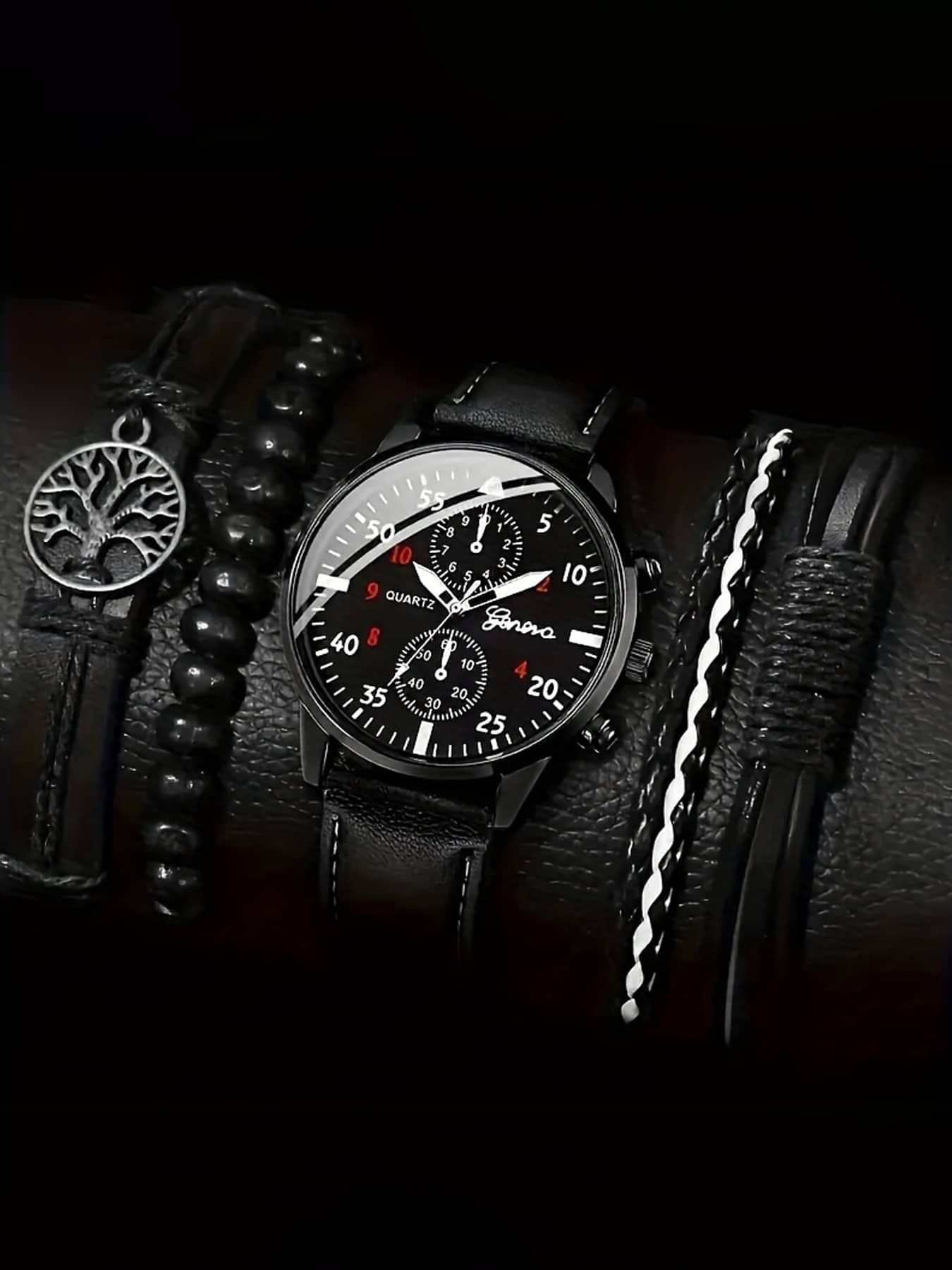 5PCS Men's Casual Fashion Round Quartz Watch With Black PU Braided Strap, Simple Business Style Quartz Watch + Bracelet Set, Suitable For Daily Wear, Birthday Gift, Gathering,Suitable For Daily Wear - Black - View 1