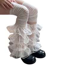 Calentadores de piernas para mujer con volantes de encaje y retazos, calcetines largos hasta el muslo, cubrebotas para ropa de calle - blanco - Ver 5