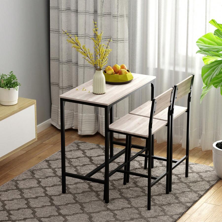 HOMCOM 3 Pcs Table Stool Set Industrial Design W/ Metal Frame Oak Tone MDF Panels Minimal Compact Beautiful - Brown - View 1