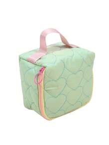1 pieza Bolsa de maquillaje de lona con diseño de corazón para mujeres, gran capacidad, estilo coreano de moda, estuche con cremallera, bolso de viaje portátil, organizador de artículos de tocador para auriculares, lápiz labial, toallitas sanitarias (el color del tirador de la cremallera es aleatorio)