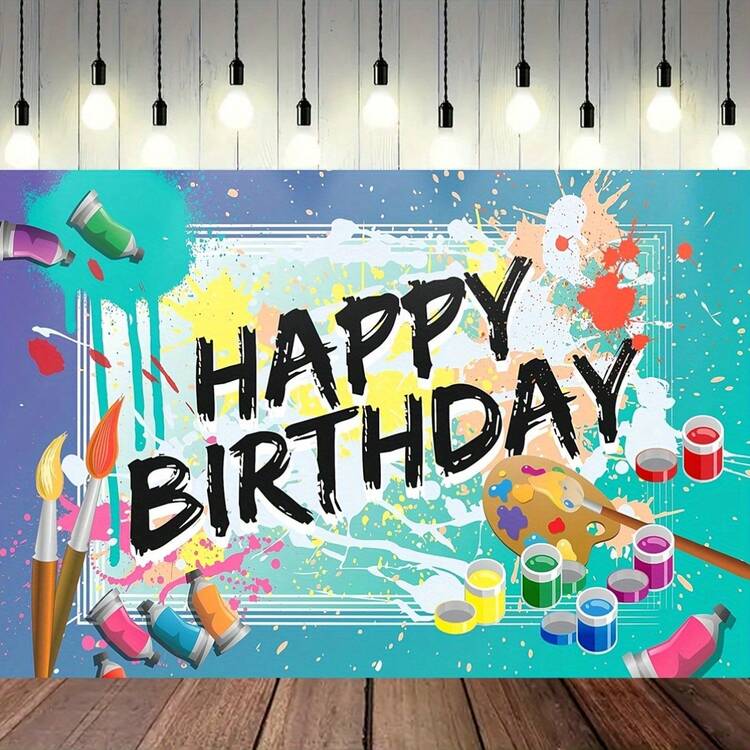 1 pieza Fondo de cumpleaños de artista creativo y colorido - Decoración de pared de fiesta pintada, utilería fotográfica, diseño de salpicaduras de pintura para manteles, cortinas - Multicolor - Añade 2