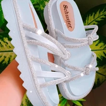 Women's Platform Sandals With Shiny Rhinestones Comfortable - Blanco - Ver 2