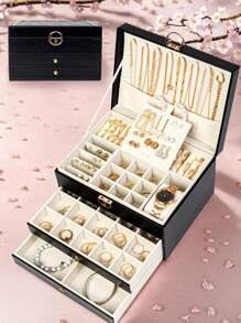 3-Layer Locking Large Capacity Jewelry Storage Box, Portable Jewelry Storage Box, Dresser Jewelry Storage Box With Drawer - White - View 13