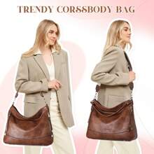 VASCHY 2Pcs Hobo Bag For Women, Vegan Leather Tote Handbags Large Ladies Shoulder Bag Chic Crossbody Purse With Wallet 2PCS Set - Brown - View 8