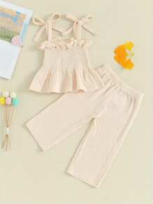 Toddler Baby Girl Summer Clothes Cotton Linen Sleeveless Ruffle Smocked Strap Top Lace Pants 2Pcs Outfit - Màu be - Xem 2
