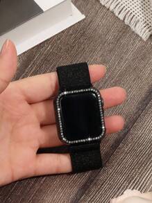 2 件/套保护壳和表带，适用于 38 40 41 42 44 45 46 毫米，兼容 系列 11 10 9 8 7 SE 6 5 4 3 2 1，镶嵌闪亮水钻，高光电镀黑色/银色/金色，配有 BlingBling 弹力环形腕带，最佳配件套装兼容