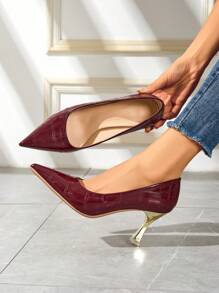 Zapatos de vestir de tacón alto color burdeos para mujer, tacones de aguja de tacón de señora sexy de uso casual, zapatos formales de oficina para mujer - Burdeos - Ver 2