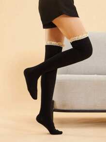 1 双女士蕾丝边过膝袜，黑色，百搭，适合体重不超过 165 磅的女性