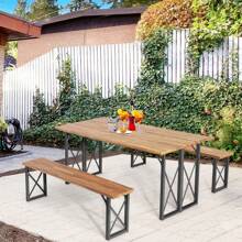 6-Person Outdoor Picnic Table & Bench Set Garden Wood Dining Table - Black - View 3