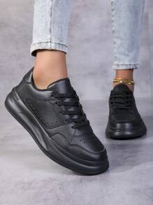 Sneakers casual nere con lacci da donna, con punta rotonda, traspiranti, basso, con lacci e senza lacci, versatili, leggere, stile campus, scarpe sportive alla moda