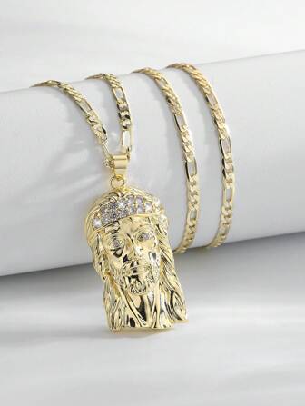 1pc Sparkling 14k Gold-Plated Charm Jesus Christ Pendant Necklace, Versatile Daily/Party Gift For Men
