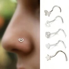 SENLANSP 5pcs Fashionable Stainless Steel Nose Studs In Heart, Star, Rose, Butterfly Designs, Comfortable Daily Wear, Low Allergic Reaction
