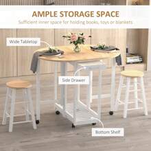 HOMCOM 3PC Wooden Kitchen Cart Mobile Rolling Trolley Folding Bar Table Two Stools Dining Chair Storage Shelf W/2 Drawers & 6 Wheels - White - View 5