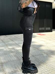 Y2K 高腰翻盖口袋侧边 PU 皮革弹力修身工装七分裤