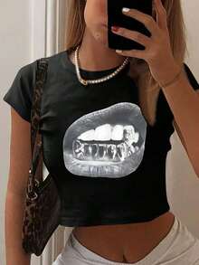 Graphic Printed Cropped T-Shirt, Y2K Spring And Summer Short-Sleeved Crop Top, Women's