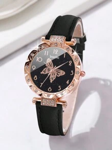 6pcs/Set Women's Minimalist Butterfly & Numberic Dial Quartz Wrist Watch + Butterfly Jewelry Set, Excluding Watch Box - Black - View 7