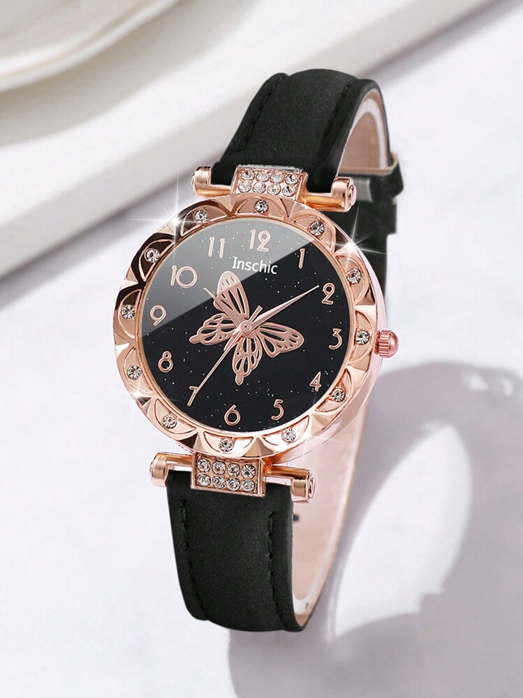 6pcs/Set Women's Minimalist Butterfly & Numberic Dial Quartz Wrist Watch + Butterfly Jewelry Set, Excluding Watch Box - Black - View 7