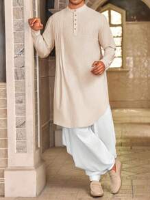 Runcati Men's Kaftan Thobe Cotton Linen Henley Shirt Long Sleeve Robe Casual Muslim Kurta Gown - Màu be - Xem 4