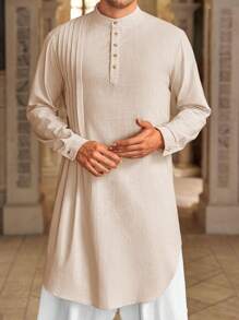 Runcati Men's Kaftan Thobe Cotton Linen Henley Shirt Long Sleeve Robe Casual Muslim Kurta Gown - Màu be - Xem 1