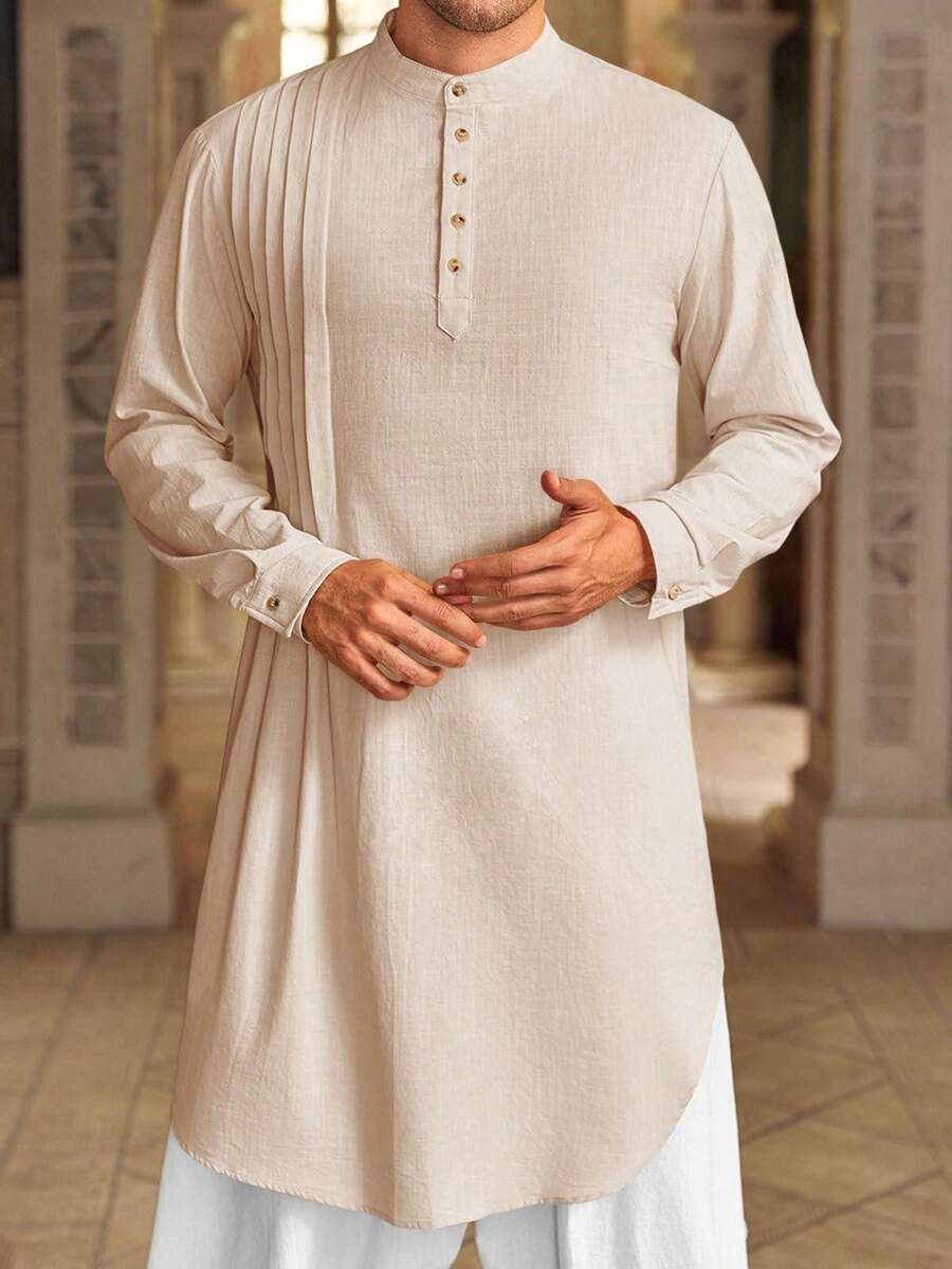 Runcati Men's Kaftan Thobe Cotton Linen Henley Shirt Long Sleeve Robe Casual Muslim Kurta Gown - Màu be - Xem 1