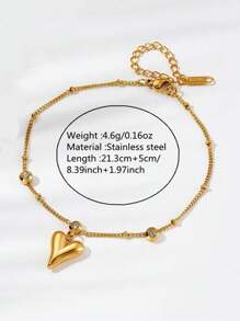 1 件简约风格不锈钢脚链，带心形吊坠，适合日常佩戴