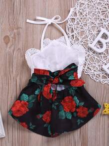 0-3 Years Old Toddler Fashion One-Piece Breeches, Sleeveless Halter Lace Top + Loose Printed Wide-Legged Shorts, Casual Jumpsuit, Cotton Blend Comfortable And Soft Fabrics - 黑色 - 查看 3