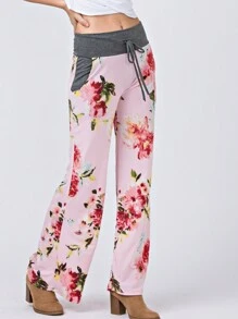 Boho Retro 90's Style Stripe Floral Drawstring Fold Over Band Wide Leg Lounge Pants - Pink - View 3