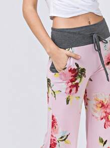 Boho Retro 90's Style Stripe Floral Drawstring Fold Over Band Wide Leg Lounge Pants - Pink - View 2