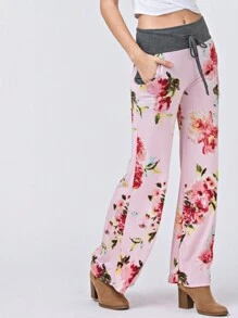 Boho Retro 90's Style Stripe Floral Drawstring Fold Over Band Wide Leg Lounge Pants - Pink - View 1