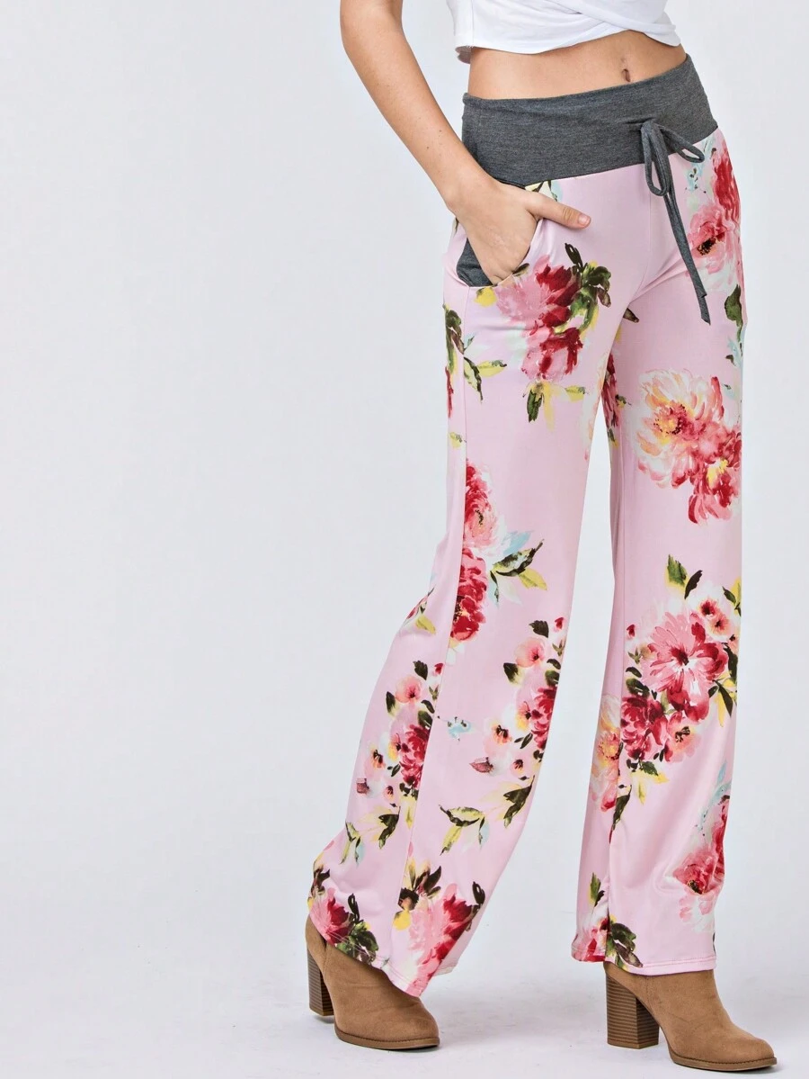 Boho Retro 90's Style Stripe Floral Drawstring Fold Over Band Wide Leg Lounge Pants - Pink - View 1