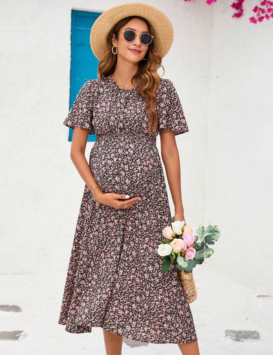 GoyRrbay Women's Maternity Boho Ruffles Short Sleeve Dress Floral Smocked Scoop Neck Midi Dress For Baby Shower Photoshoot - màu đen - Xem 1
