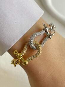 STYLEVER 1pc Gold And Silver Contrasting Bracelet , Rolo Chain ,Chain Lock Bracelet ,Screw Clasp Bracelet,Gold Horseshoe Charm Bracelet,U-Shape Charm Bracelet - Yellow Gold - View 7