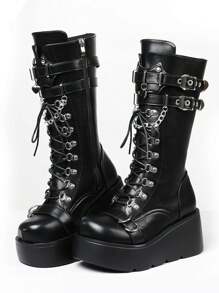 Women Punk Motorcycle Boots Platform High Wedge Heel Metal Buckle Side Zipper Lade Up Round Toe Shoes Cool Fashion Gothic Boots For Woman - màu đen - Xem 2