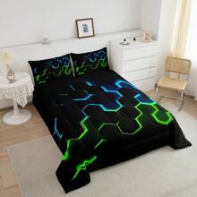 Castle Fairy Honeycomb Bedding Comforter Set Twin/Full/Queen Size,Geometry Hexagon Theme With Green Blue Neon Lights Quilt Set,Men Adults Man Chic Creative Home Bedding Set,Twin Only 1 Pillowcase,Full/Queen Size 2 Pillowcases ﻿ - màu xanh lá - Xem 3