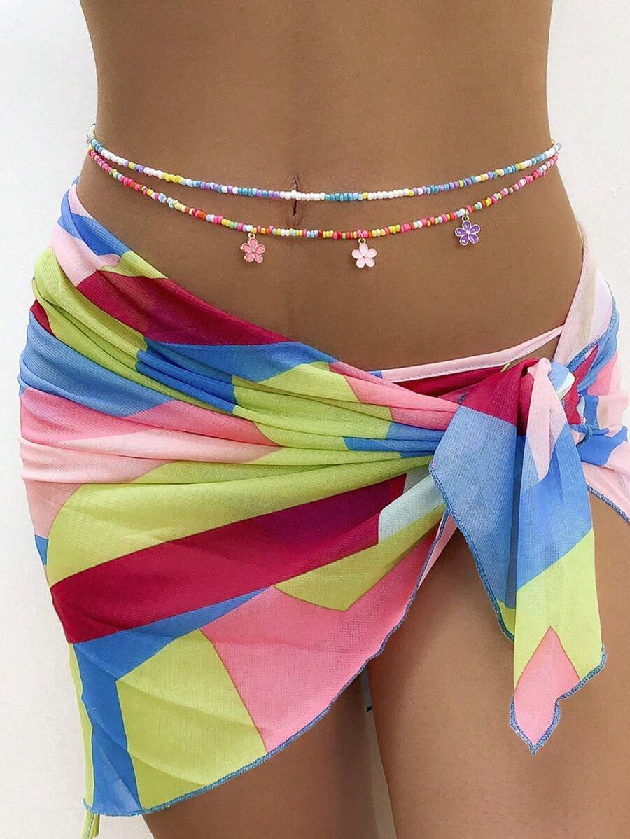 1pc Handmade Bohemian Beaded Flower Waist Belt, Colorful Rice Bead Waist Jewelry, Casual Beach Vacation Style, Suitable For Weddings, Bridesmaids, Daily Wear, Parties - Multicolor - View 1