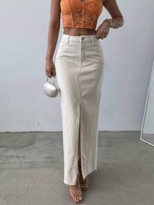 SQUALO Women's Flared Denim Skirt With Slits And Pockets In A Washed-Out Effect - White - View 7