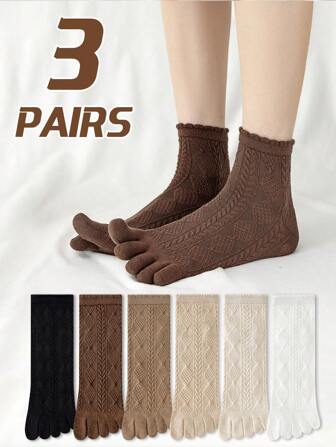 3 Pairs Women's Solid Color Ruffle Edge Simple Cotton Socks, Comfortable, Fashionable, Moisture-Wicking, Odor-Resistant, Anti-Bacterial, Collegiate Style, Breathable Five Toe Short Socks, Suitable For Spring/Summer