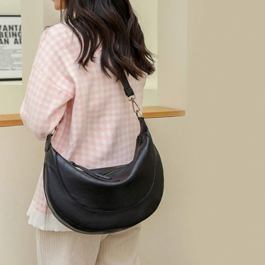 Crescent Shoulder Bags For Women Trendy Crossbody Hobo Purse Vegan Leather Handbag With Wide Strap For Travel - 黑色 - 查看 1