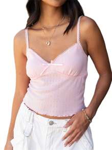 Women Summer Crop Camisole Casual Cute Bow V-Neck Spaghetti Strap Tank Tops Sleeveless T-Shirt For Club Streetwear - Pink - View 4