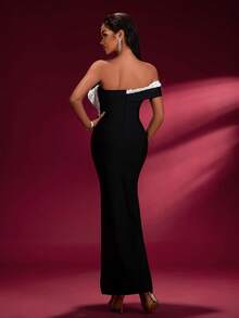 Đầm Maxi dự tiệc màu tương phản một bên vai cho nữ mùa thu - màu đen - Xem 2