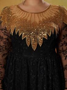 Anpoket Plus Size New Arrival Round Neck Evening Gown Dress, Embroidery Flower Long Dress, Party Dress, Wedding Guest Dress, Formal Dress - Black - View 6