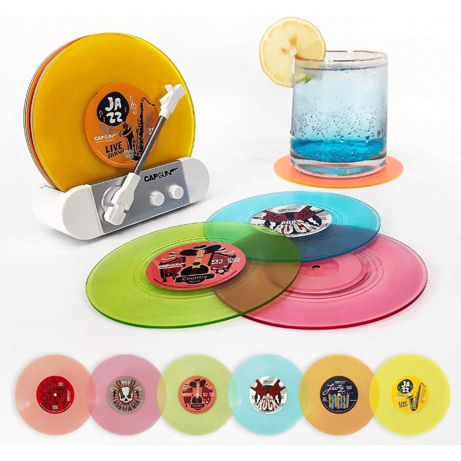 Funny Retro Vinyl Record Coasters, Creative Drink Coasters Set Of 6 With Vinyl Record Player Holder For Music Lovers, Housewarming Hostess Gifts (6, V3) - 1 - View 1