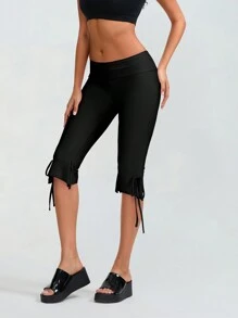 Women Capri Pants Elastic Waist Ruffle Hem Flare Bell Bottom Cropped Pants Skinny Capri Leggings Streetwear - 黑色 - 查看 4